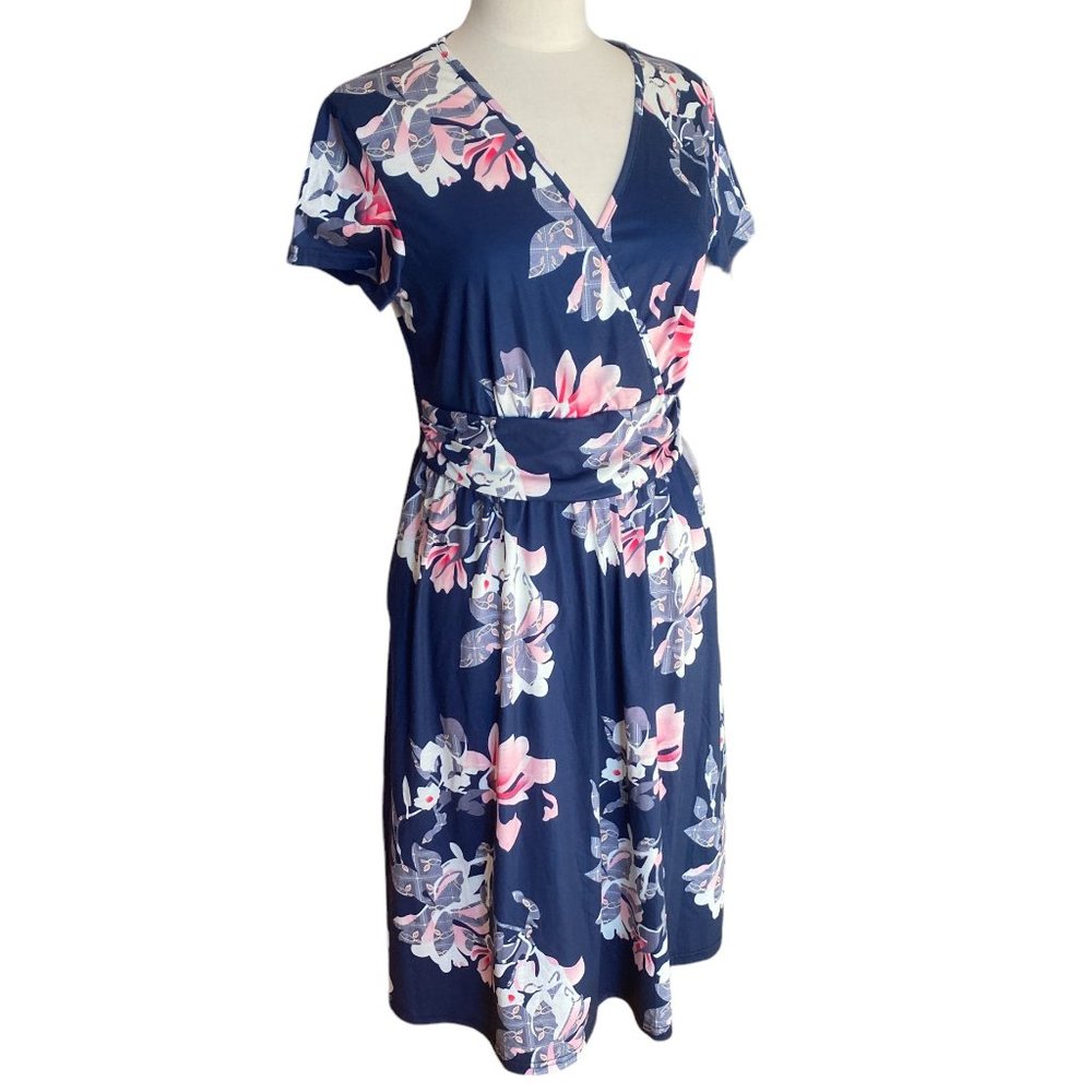 Ouges Faux Wrap Floral Jersey Knit Midi Dress Poc… - image 1